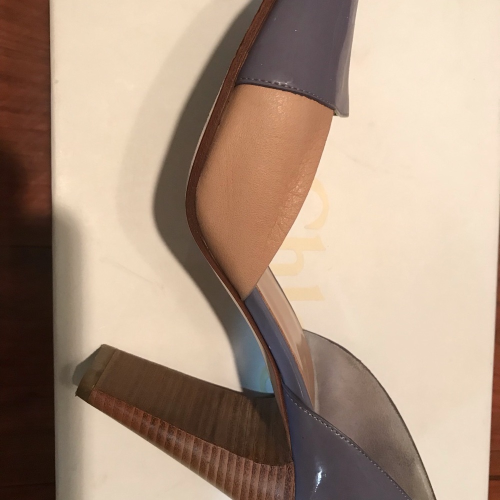 Chloe Blue and Tan Heels with Chunky Heel